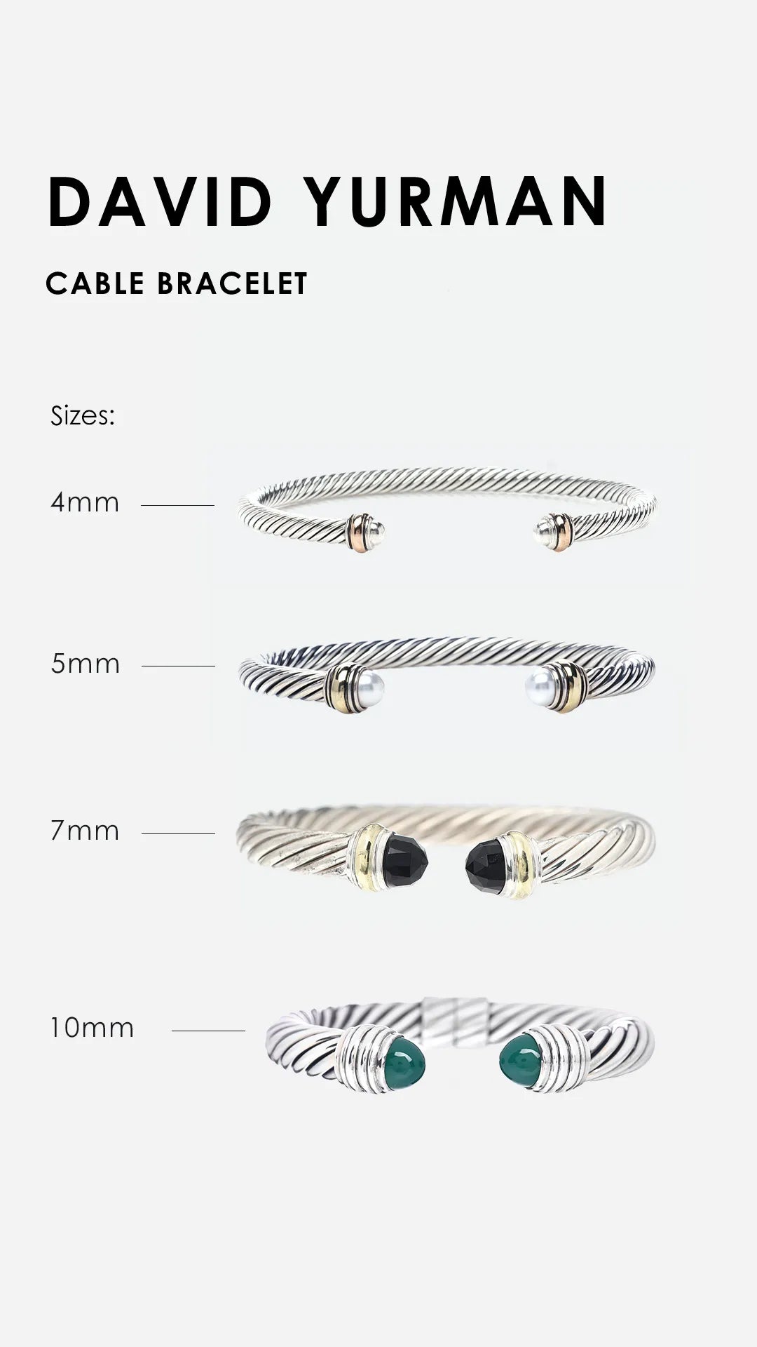 Design Graphic that shows Popular David Yurman Cable Bracelet Sizes FASHIONPHILE
