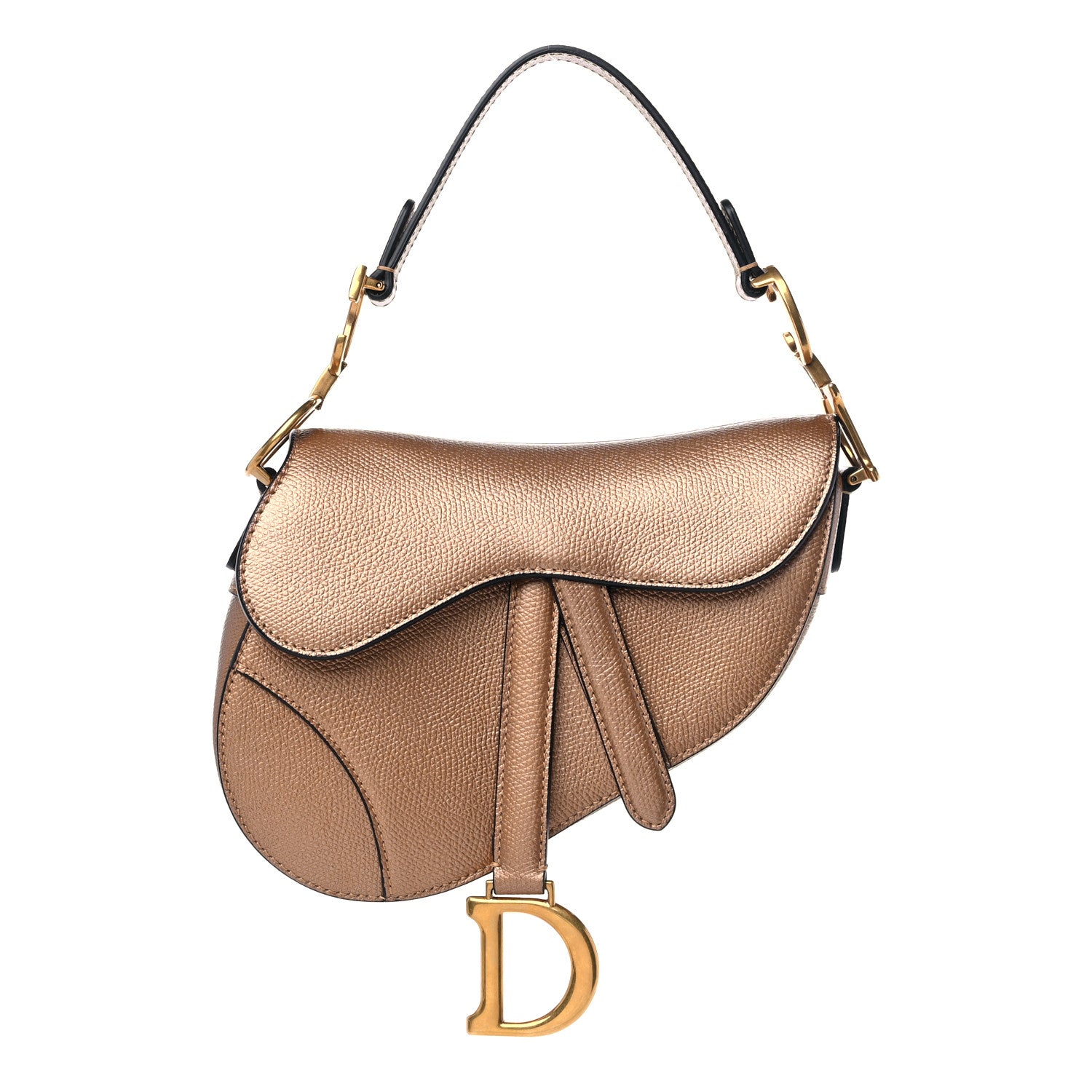 this is an image by FASHIONPHILE of a CHRISTIAN DIOR Metallic Grained Calfskin Mini Saddle Bag in the color Gold