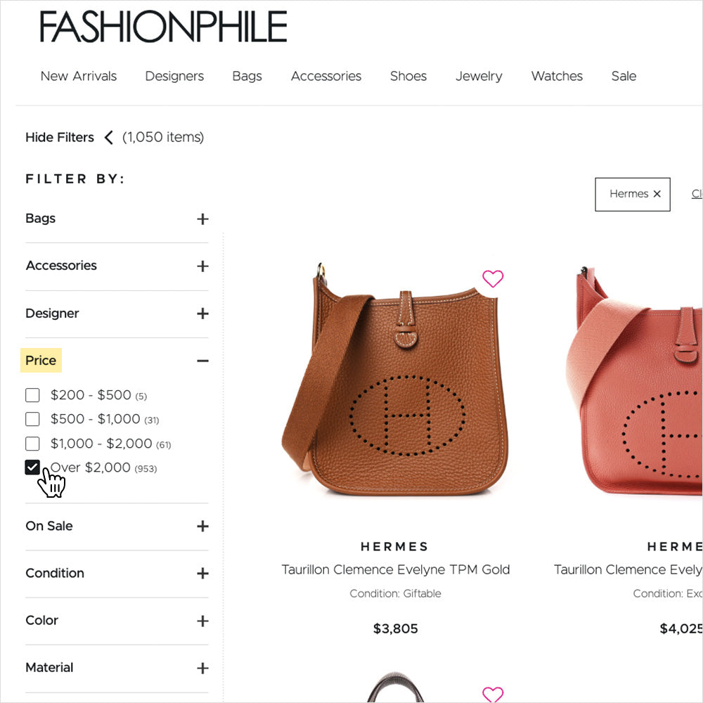 this is a screenshot image by FASHIONPHILE that shows a population of bags on a search results page at fashionphile.com with Hermes Evelyne bags with the price filter showing how you can select and filter your search by desired price point