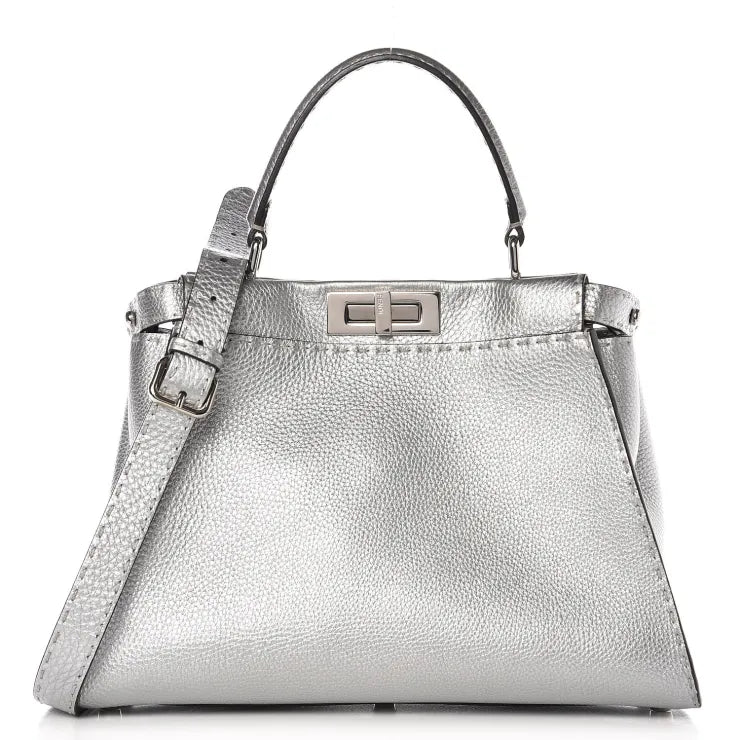 Fendi Cuoio Romano Lux Selleria Medium Peekaboo Iconic Satchel Argento