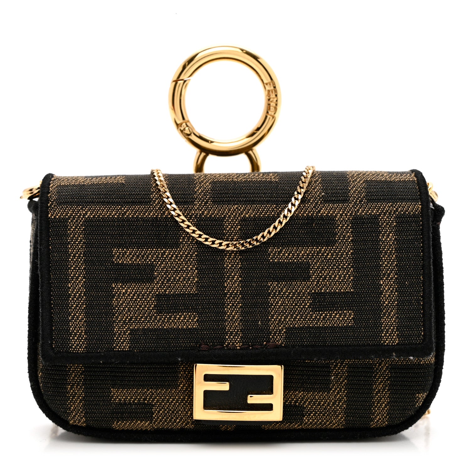 FENDI Fabric Jacquard FF 1974 Nano Baguette Charm in the colors Tobacco Moro Black by Fashionphile