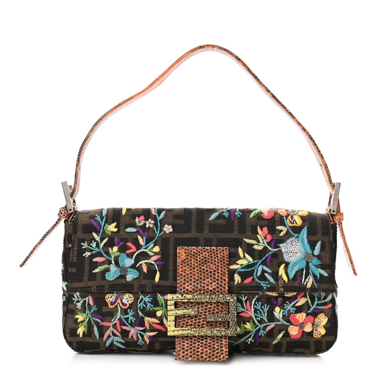 Fendi Lizard Zucca Floral Embroidered Baguette Tobacco Multicolor