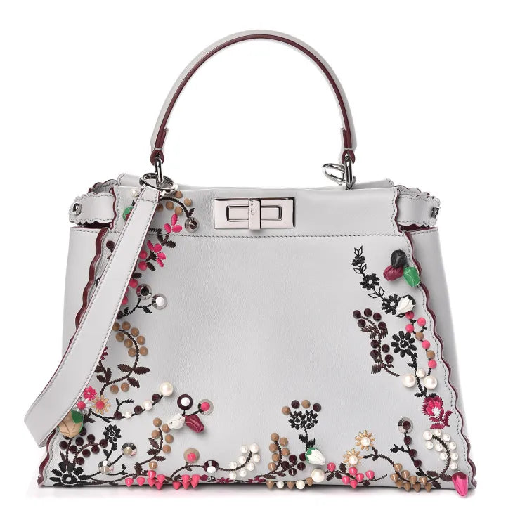 Fendi Vitello Seta Shiny Nappa Pearl Scalloped Studded Floral Embroidered Medium Peekaboo Iconic Satchel Grigio Perla Multicolor