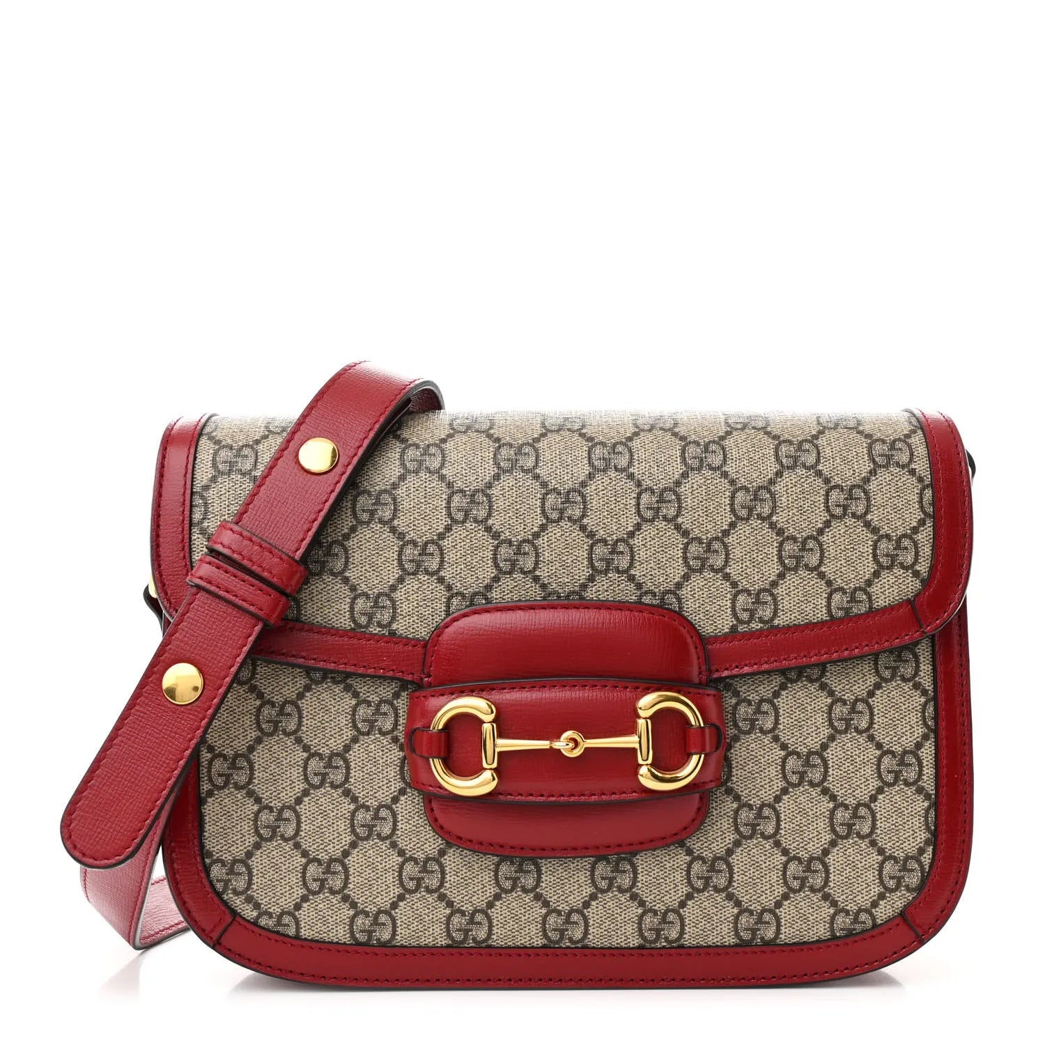 Gucci GG Supreme Monogram Azalea Calfskin Horsebit 1955 Shoulder Bag Beige Ebony New Cherry Red