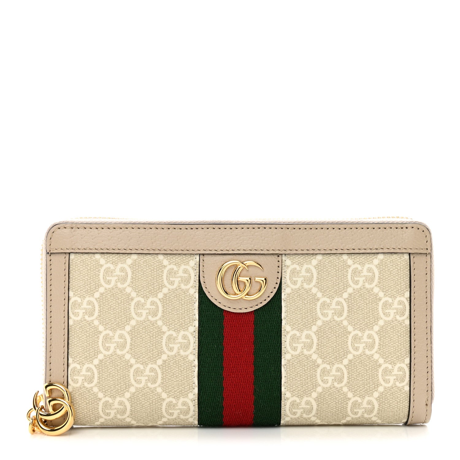 Gucci GG Supreme Monogram Textured Dollar Calfskin Web Ophidia Zip Around Wallet Beige Mystic White Oatmeal