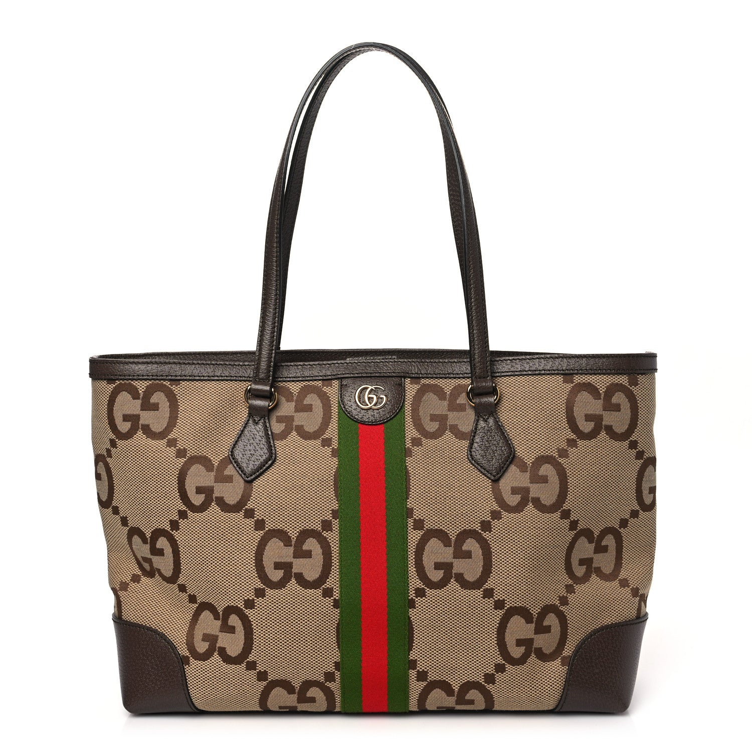 Gucci Monogram Jumbo GG Textured Dollar Calfskin Web Medium Ophidia Shopping Tote Camel Ebony