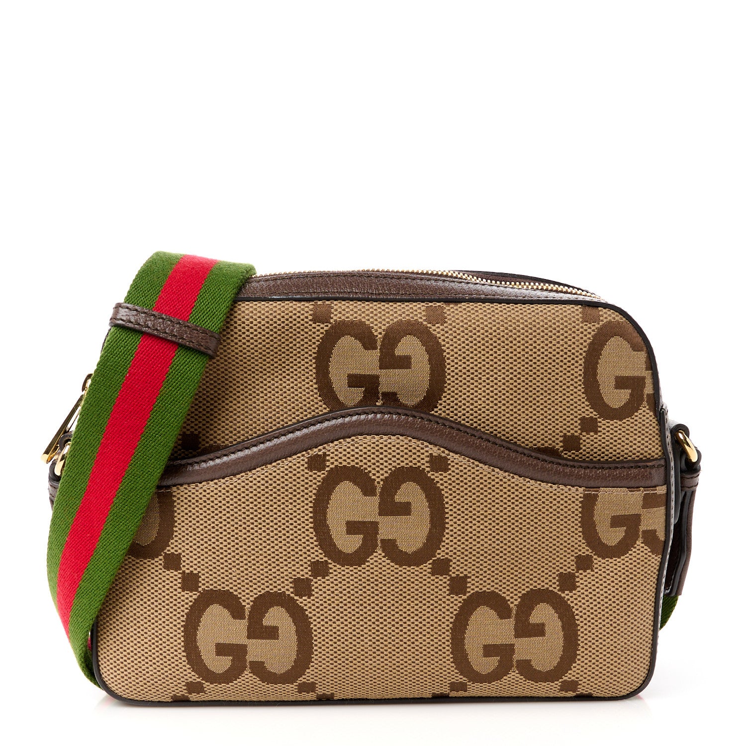 Gucci Monogram Jumbo GG Textured Dollar Calfskin Web Messenger Shoulder Bag Camel Ebony New Acero