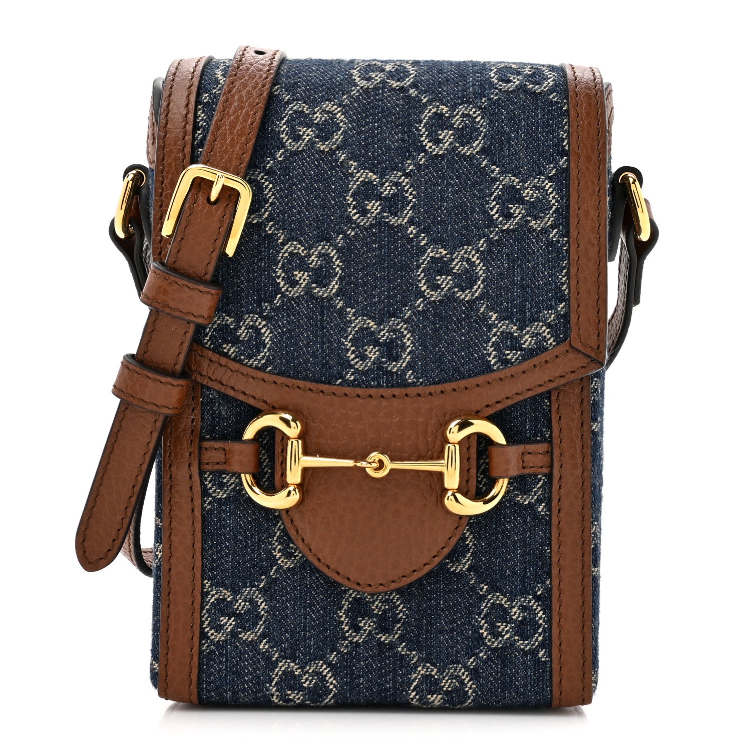 Gucci New Denim GG Monogram Dollar Calfskin Mini Horsebit 1955 Crossbody Bag Blue Tea Cuir Epilog