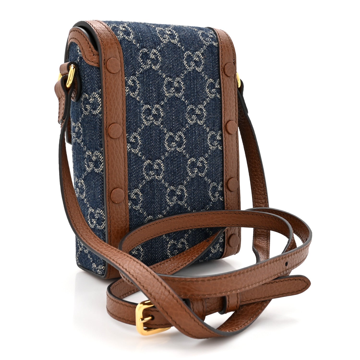 Gucci New Denim GG Monogram Dollar Calfskin Mini Horsebit 1955 Crossbody Bag Blue Tea Cuir Epilog back view