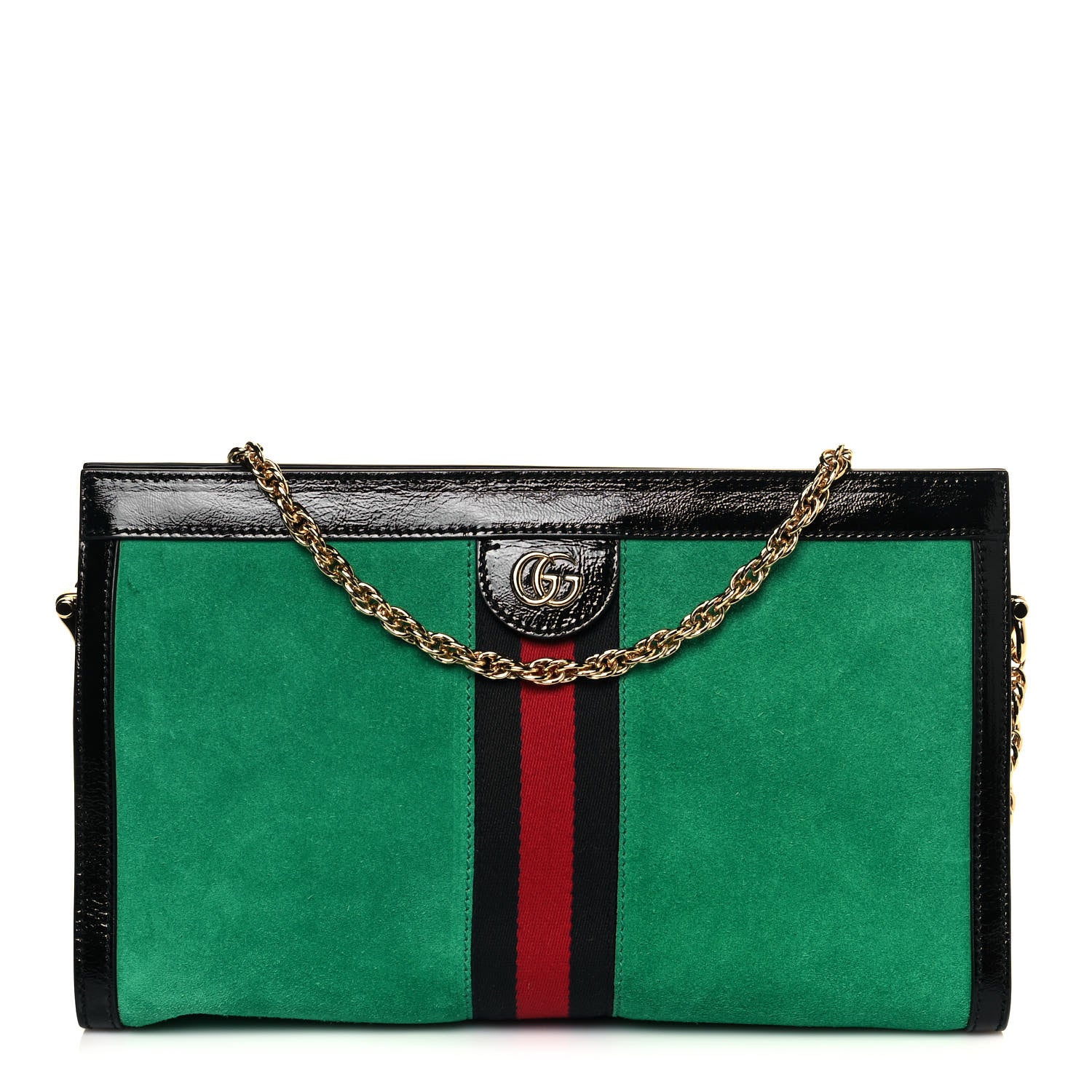 Gucci Suede Patent Web Medium Ophidia Chain Shoulder Bag New Shamarock Black