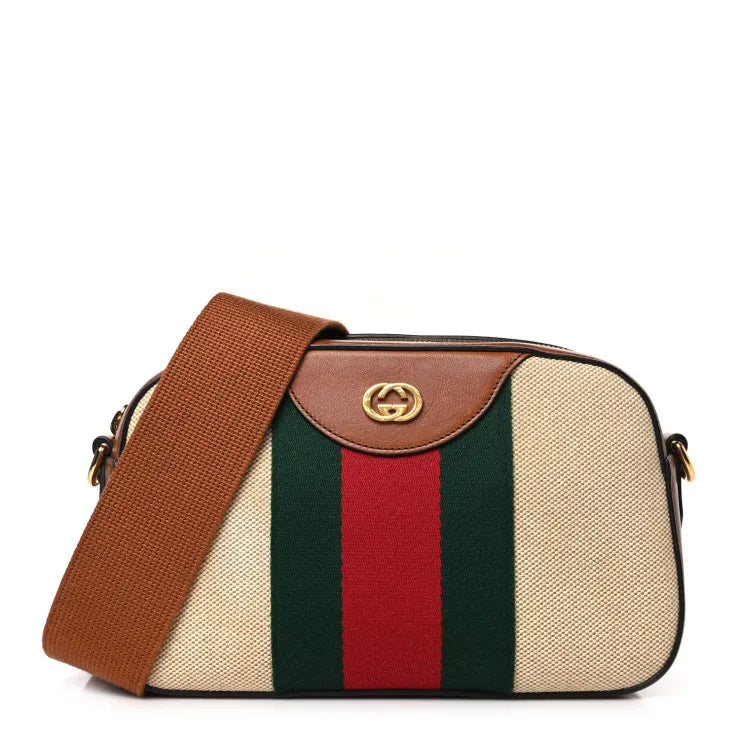 Gucci Vintage Canvas Web Shoulder Bag Sand Cuir