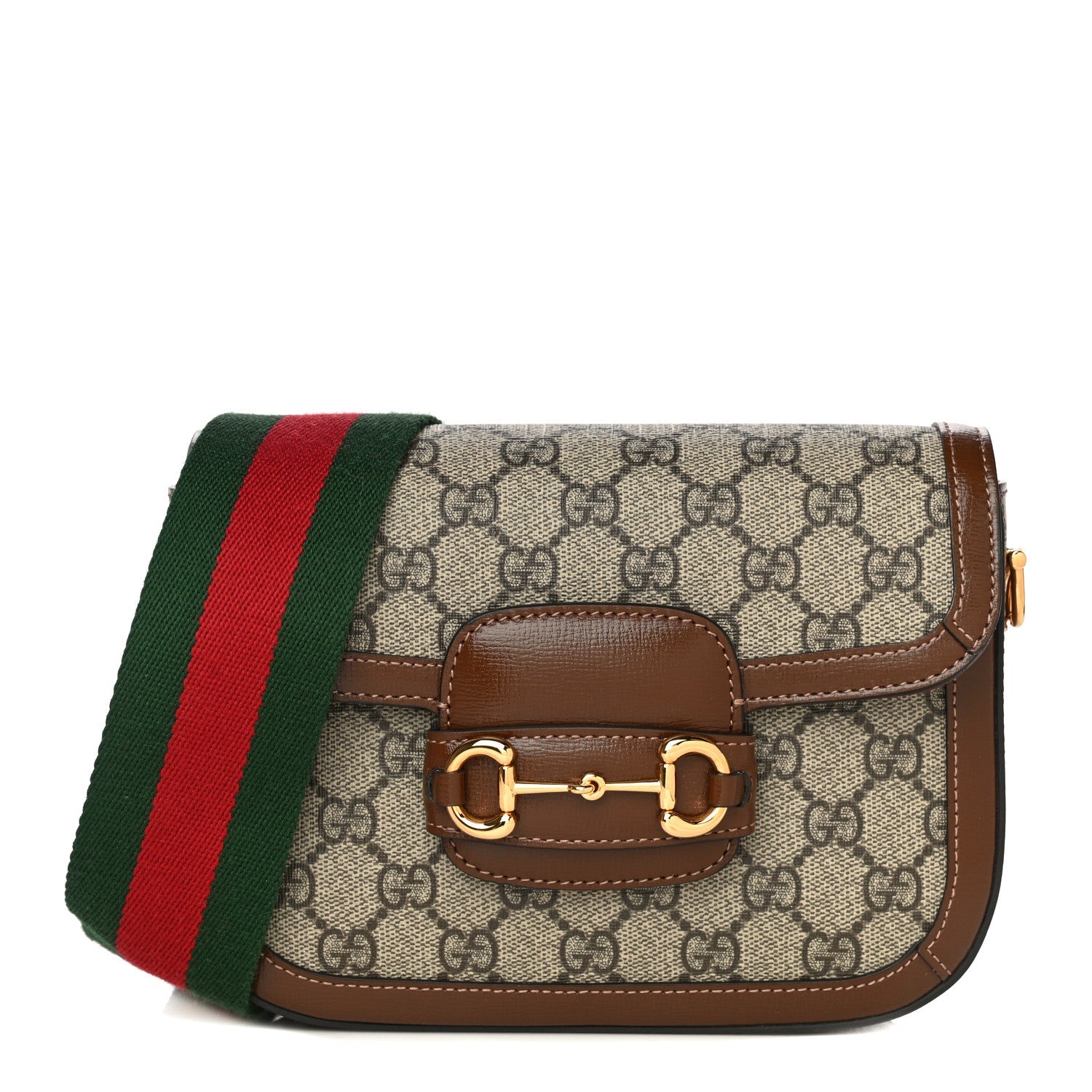 studio image of gucci GG Supreme Monogram Web Mini Horsebit 1955 Shoulder Bag Beige Brown Sugar FASHIONPHILE