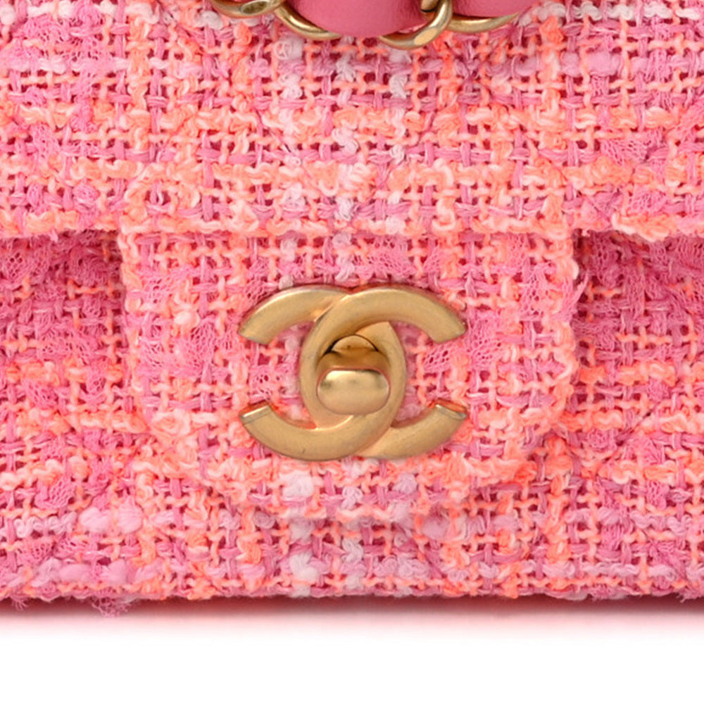 Hardware on the Chanel Tweed Quilted Mini Rectangular Flap Pink Orange White