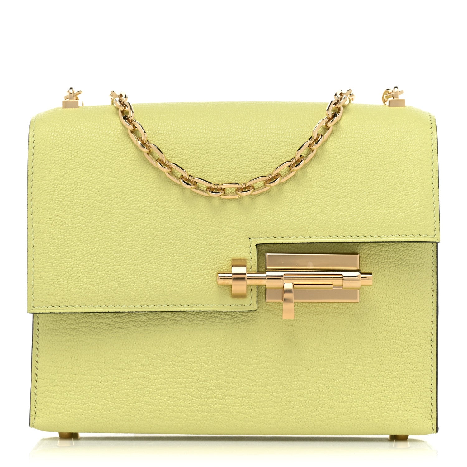 this is a product image from FASHIONPHILE of a Hermes Chevre Mysore Mini Verrou Chaine Bag in the color Jaune Bourgeon
