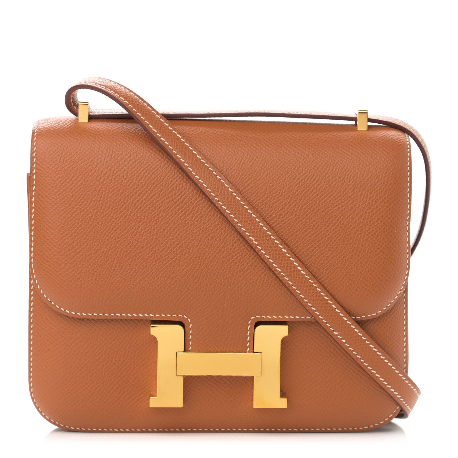 this is a product image from FASHIONPHILE of a Hermes Epsom Constance bag in size 18 in the color Gold