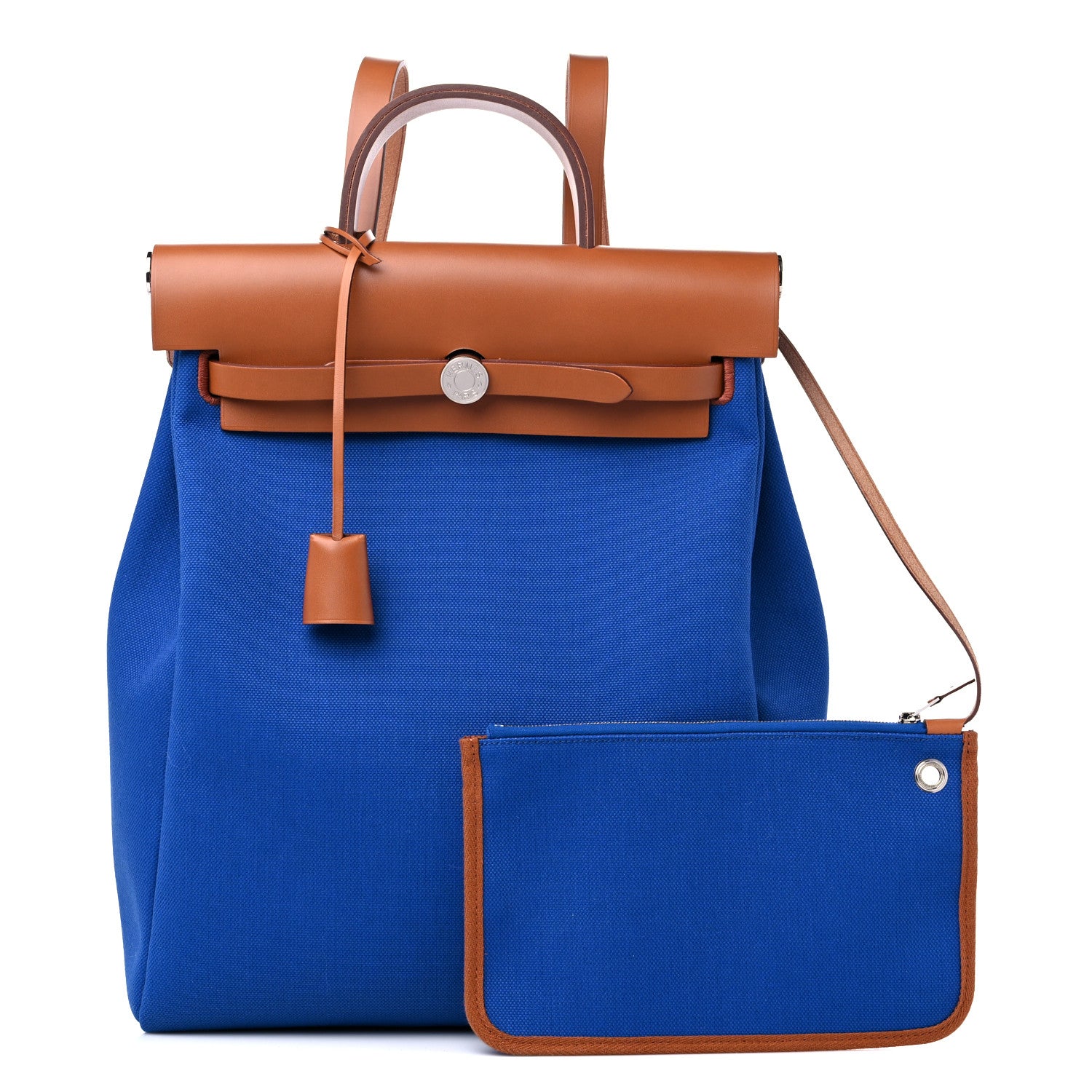 this is a product image from FASHIONPHILE of a HERMES Military Toile Vache Hunter Herbag a Dos Zip Retourne Backpack in the colors Bleu France and Fauve