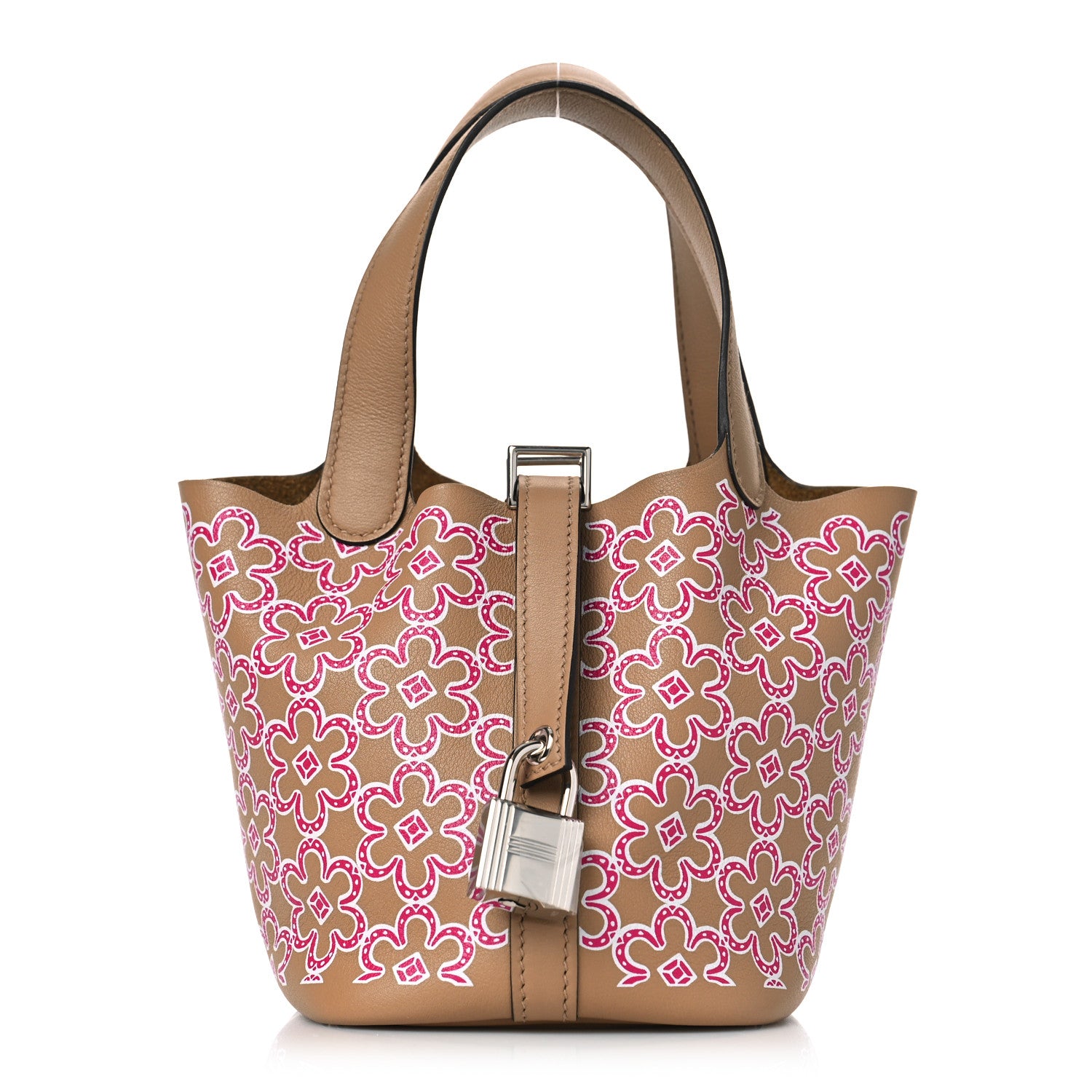 this is a product image from FASHIONPHILE of a Hermes Swift Micro Lucky Daisy Picotin Lock bag in the colors Chai, Rose, and White