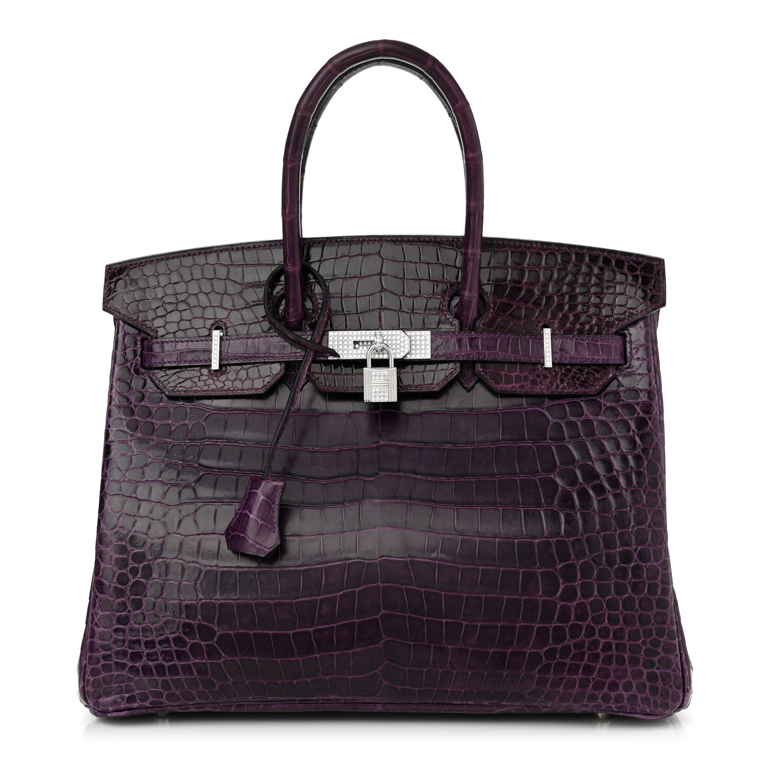 Hermes Shiny Porosus Crocodile 18K White Gold Diamond Birkin 35 Amethyst