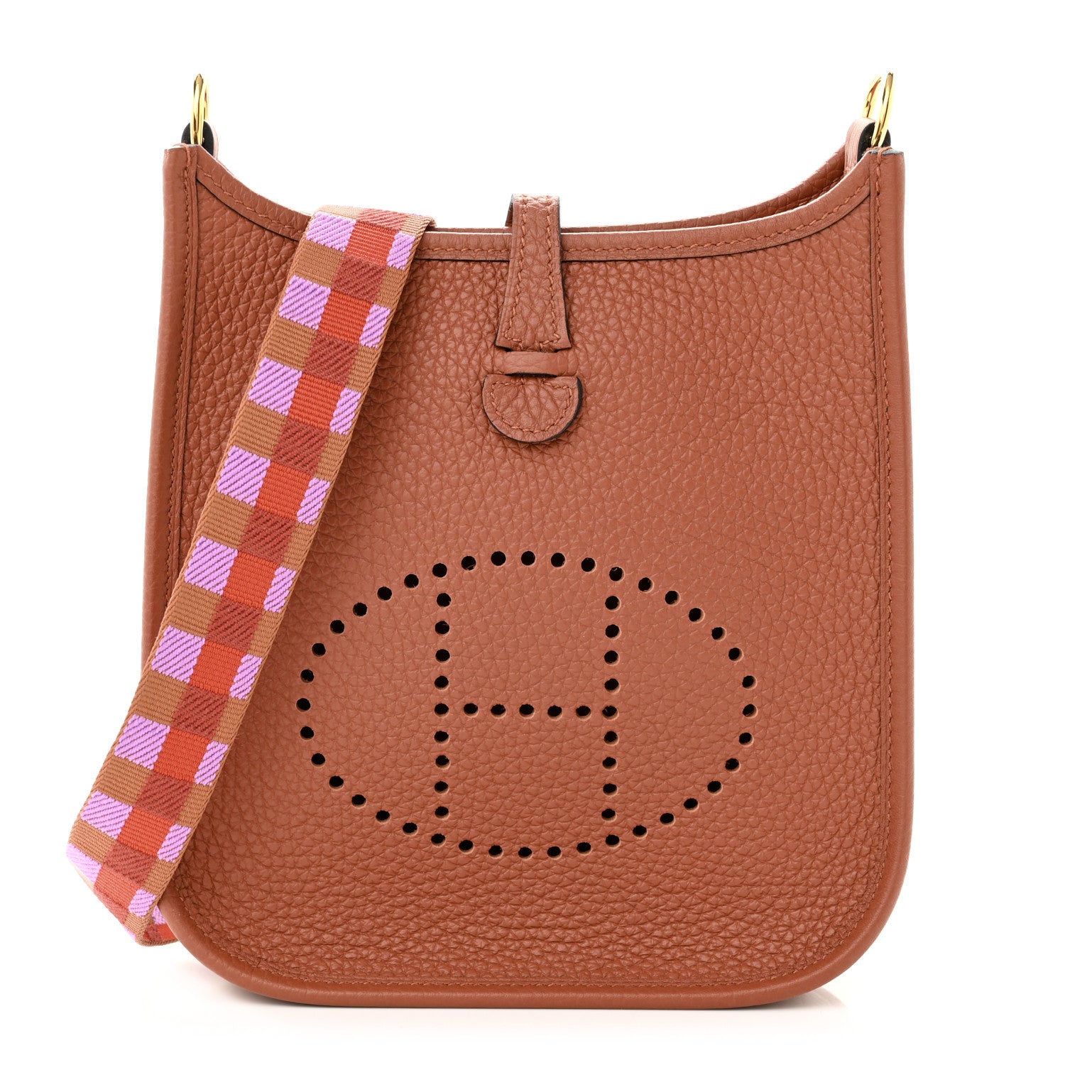 this is a product image from FASHIONPHILE of a Hermes Taurillon Clemence Maxi Quadrille Evelyne TPM in the colors Cuivre Capucine Parme Rouge Duchess