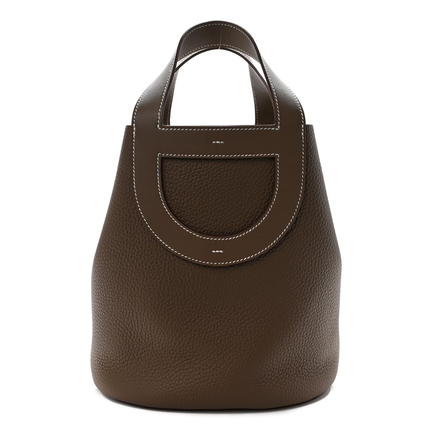 this is a product image from FASHIONPHILE of a Hermes Taurillon Clemence Swift In-The-Loop size 18 Bag in the color Etoupe