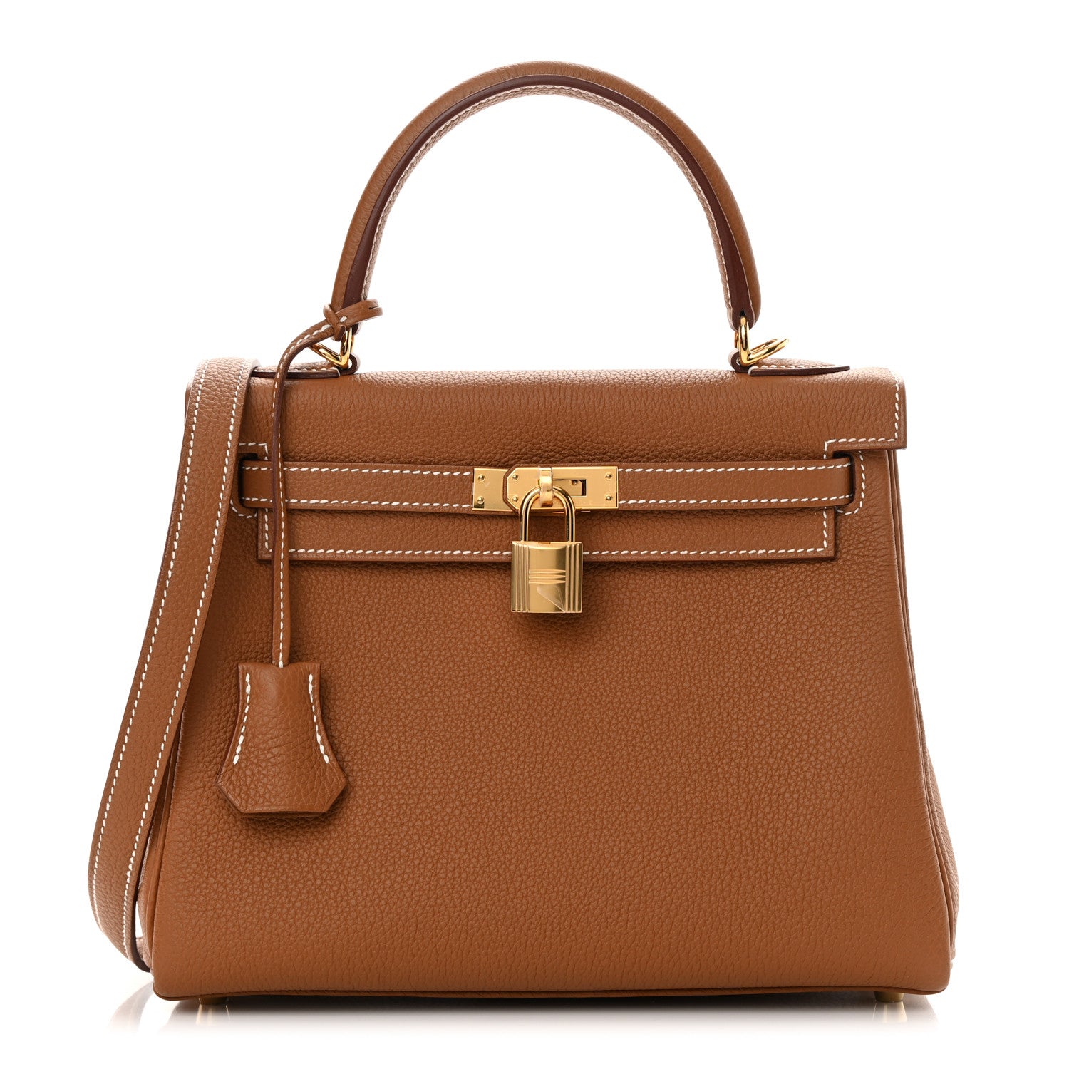 this is an image by FASHIONPHILE of a HERMES Togo Kelly Retourne bag in size 25 in the color Gold