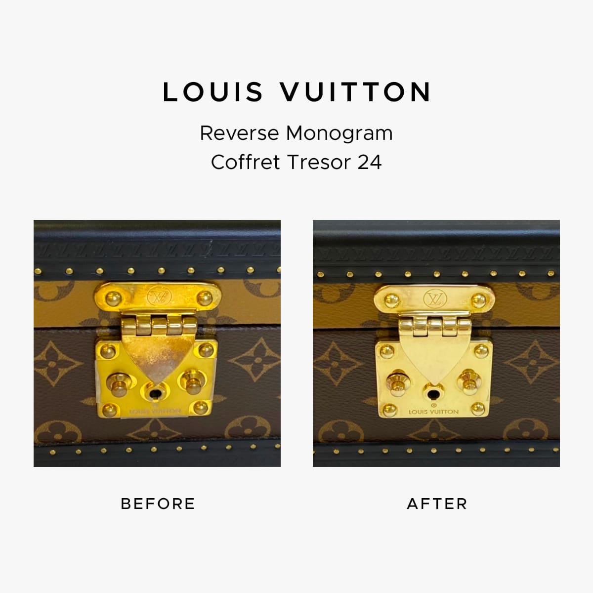Louis Vuitton Coffret before-and-after photo showing the restoration work of FASHIONPHILE Atelier.