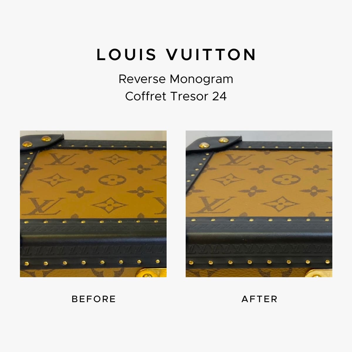 Louis Vuitton Coffret before-and-after photo showing the restoration work of FASHIONPHILE Atelier.