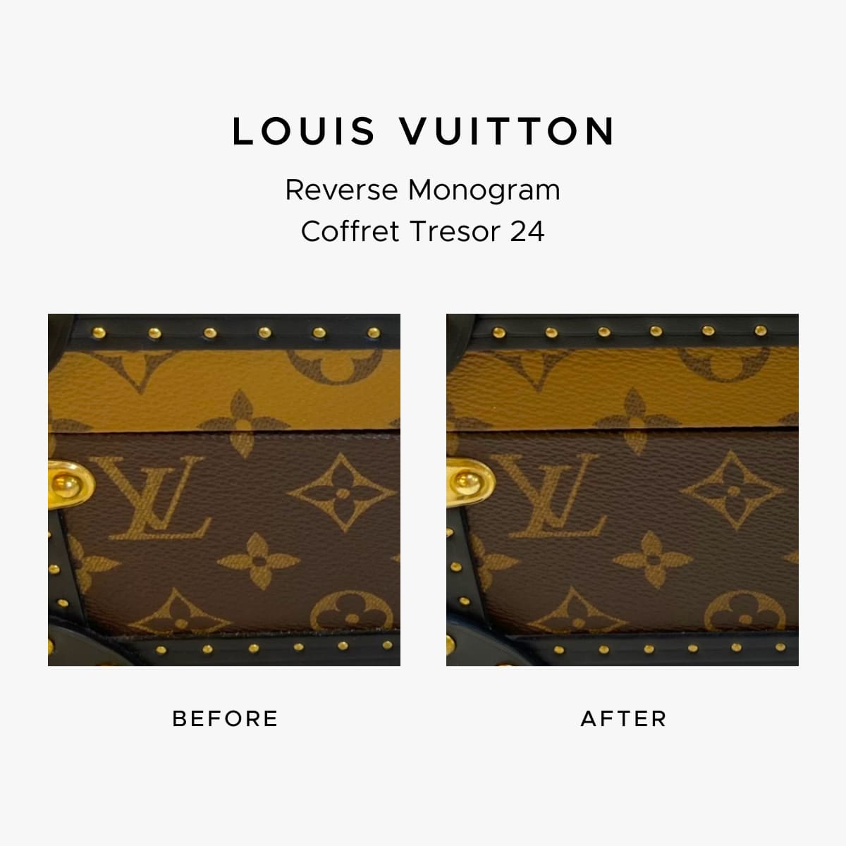 Louis Vuitton Coffret before-and-after photo showing the restoration work of FASHIONPHILE Atelier.