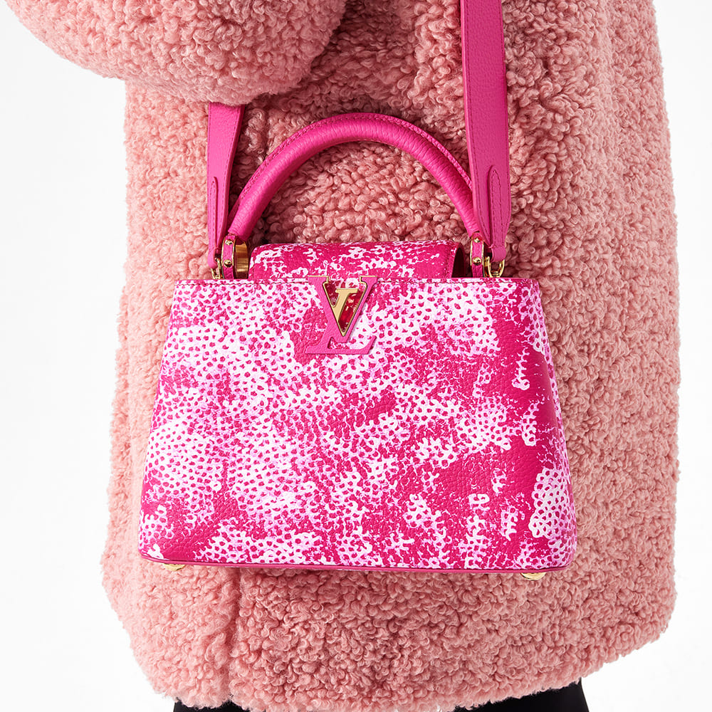 pink sequin louis vuitton capucines bb worn as a shoulder bag by FASHIONPHILE