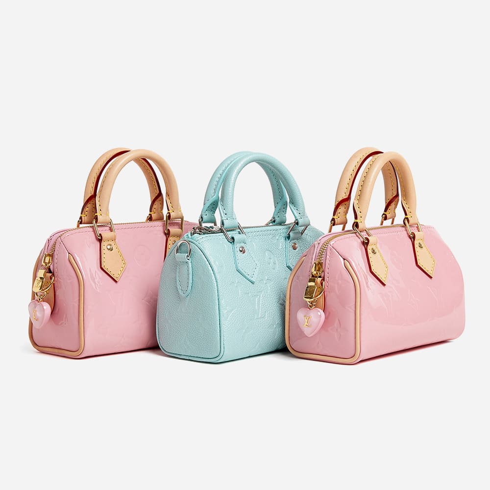 louis vuitton nano speedy bags in blue and pink grouped together by FASHIONPHILE