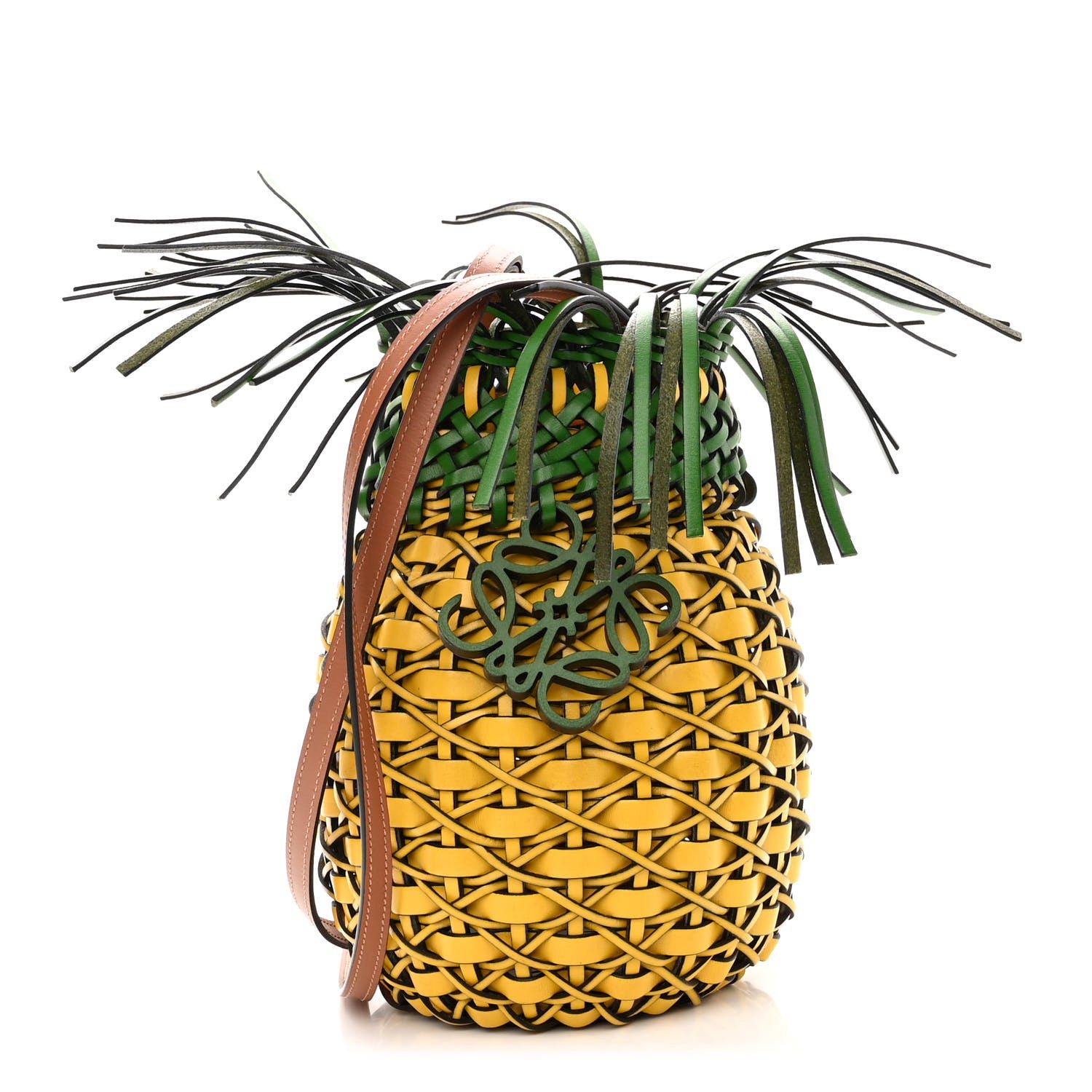 Loewe Calfskin Fringe Woven Pineapple Bucket Bag Yellow Green