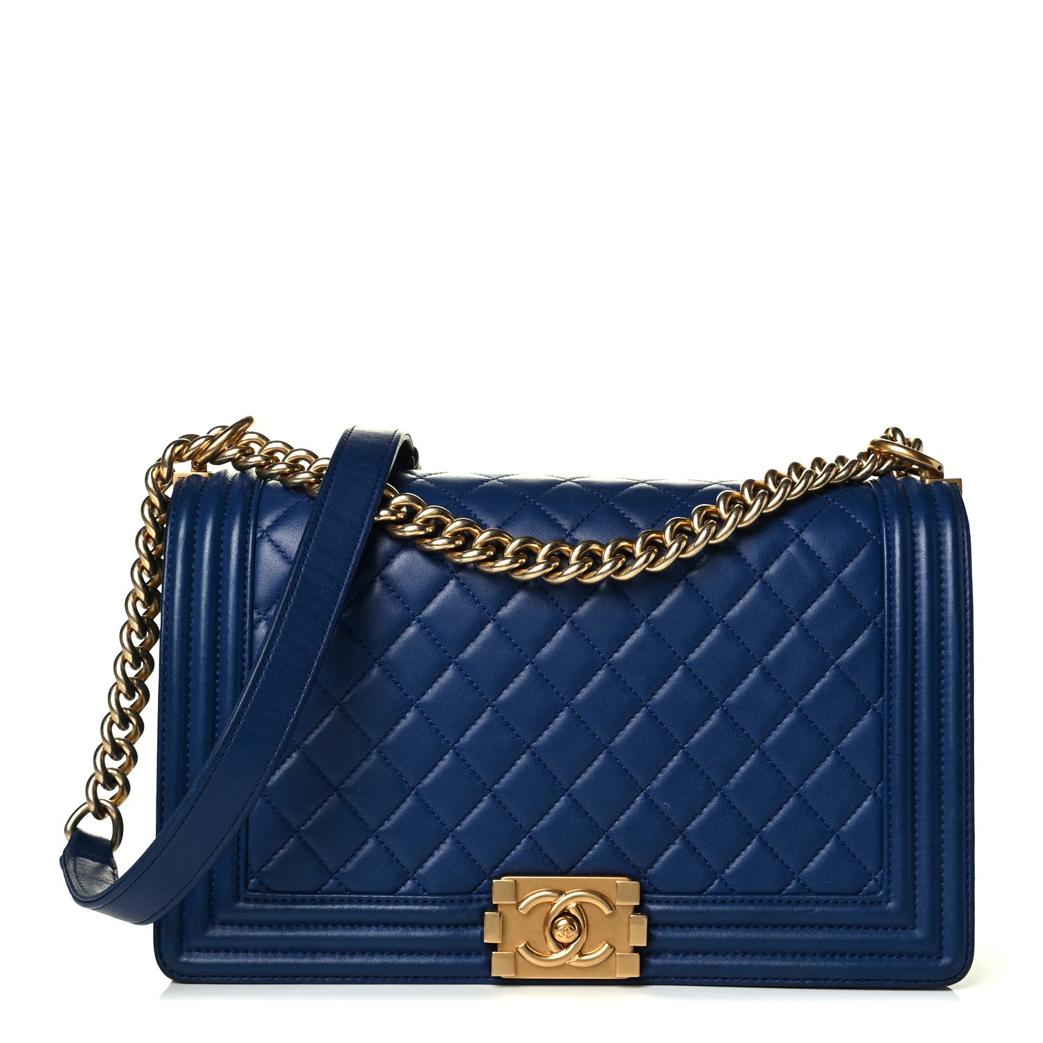 product image of dark blue chanel medium boy flap FASHIONPHILE