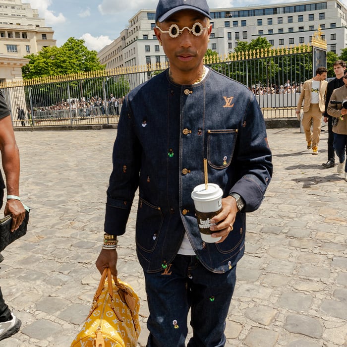 press photo of pharrell williams wearing the millionarie speedy and louis vuitton LV cup in Paris