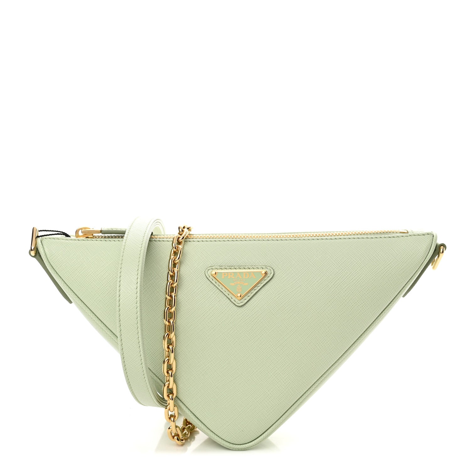 Prada Saffiano Lux Triangle Logo Embossed Mini Triangle Bag Acqua