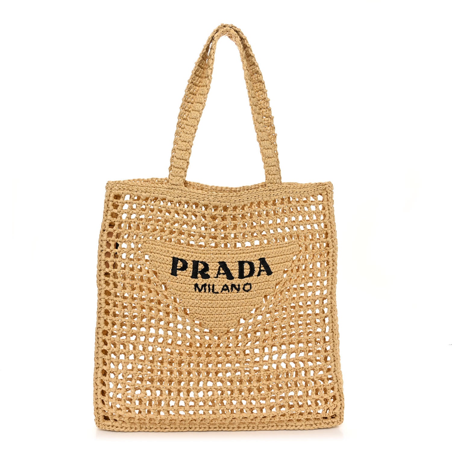 Prada Yarn Raffia Effect Crochet Embroidered Logo Tote in Naturale