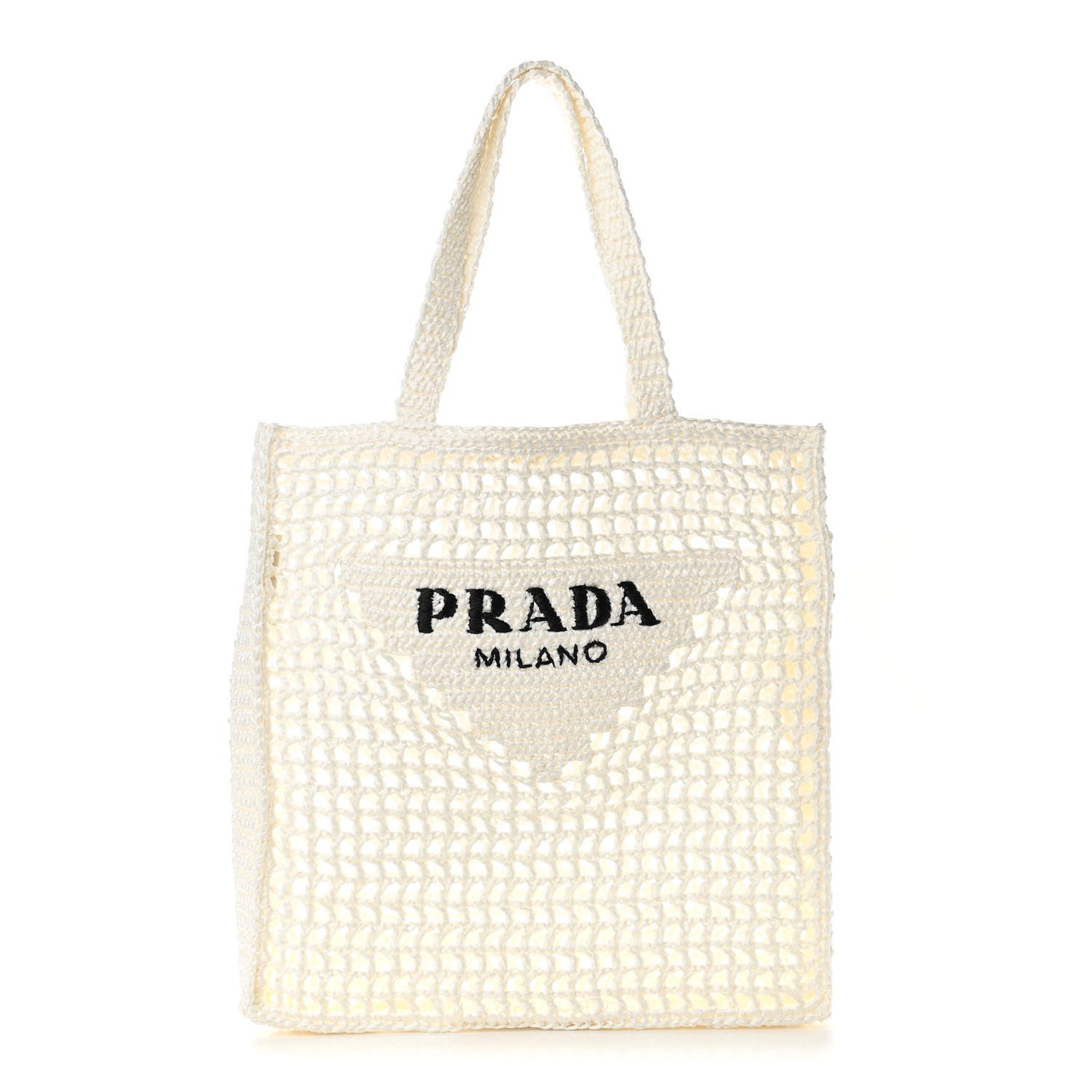 Prada Yarn Raffia Effect Crochet Logo Embroidered Tote Bag White
