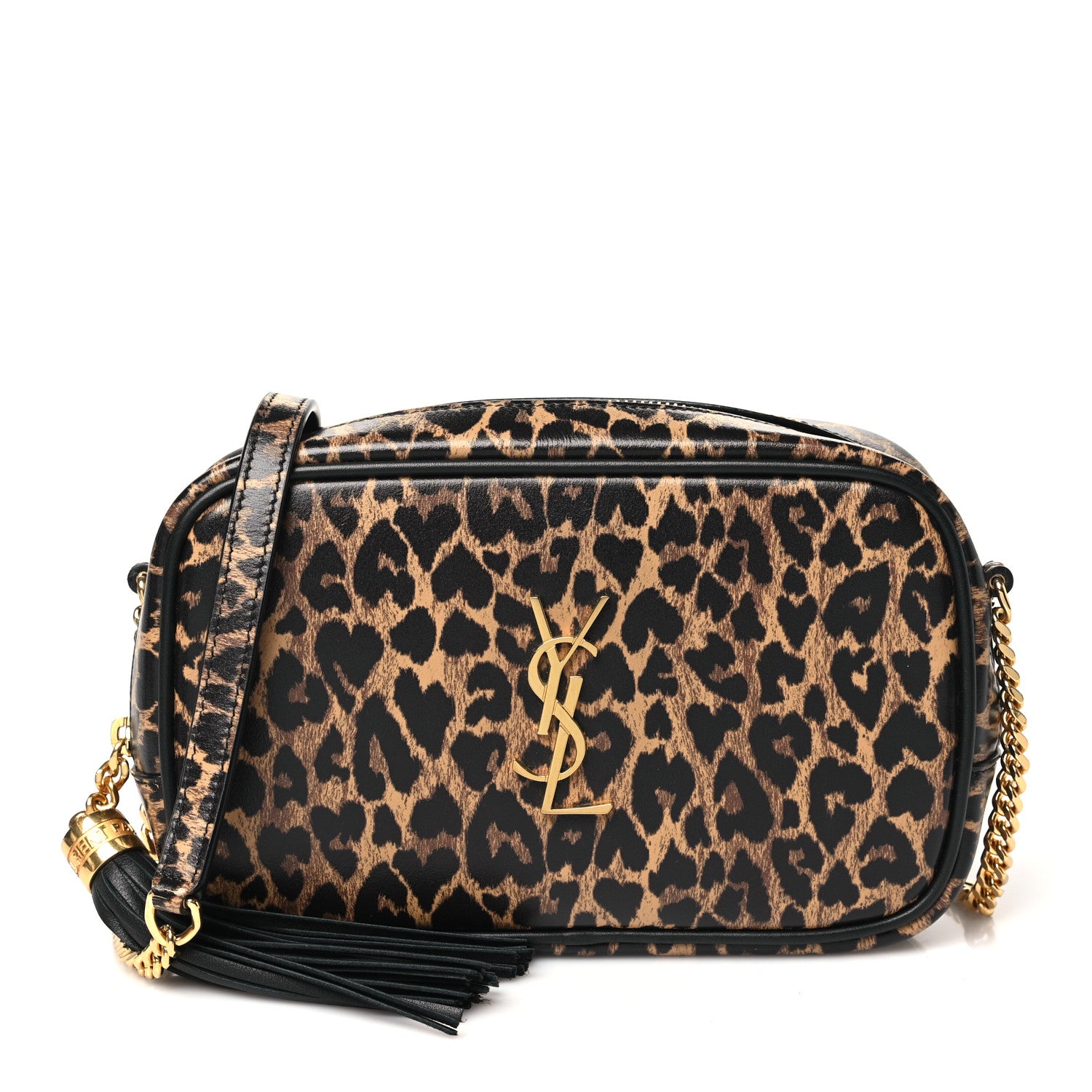 Saint Laurent Calfskin Heart Leopard Print Monogram Mini Lou Camera Bag Toffee
