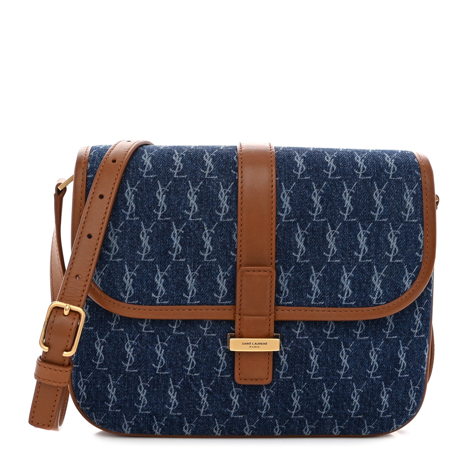 Saint Laurent Denim All-Over Monogram Small Le Monogramme Satchel in Navy Blue