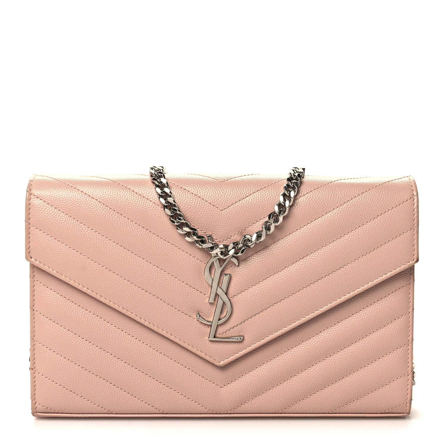 Saint Laurent Grain De Poudre Matelasse Chevron Monogram Chain Wallet Pale Pink