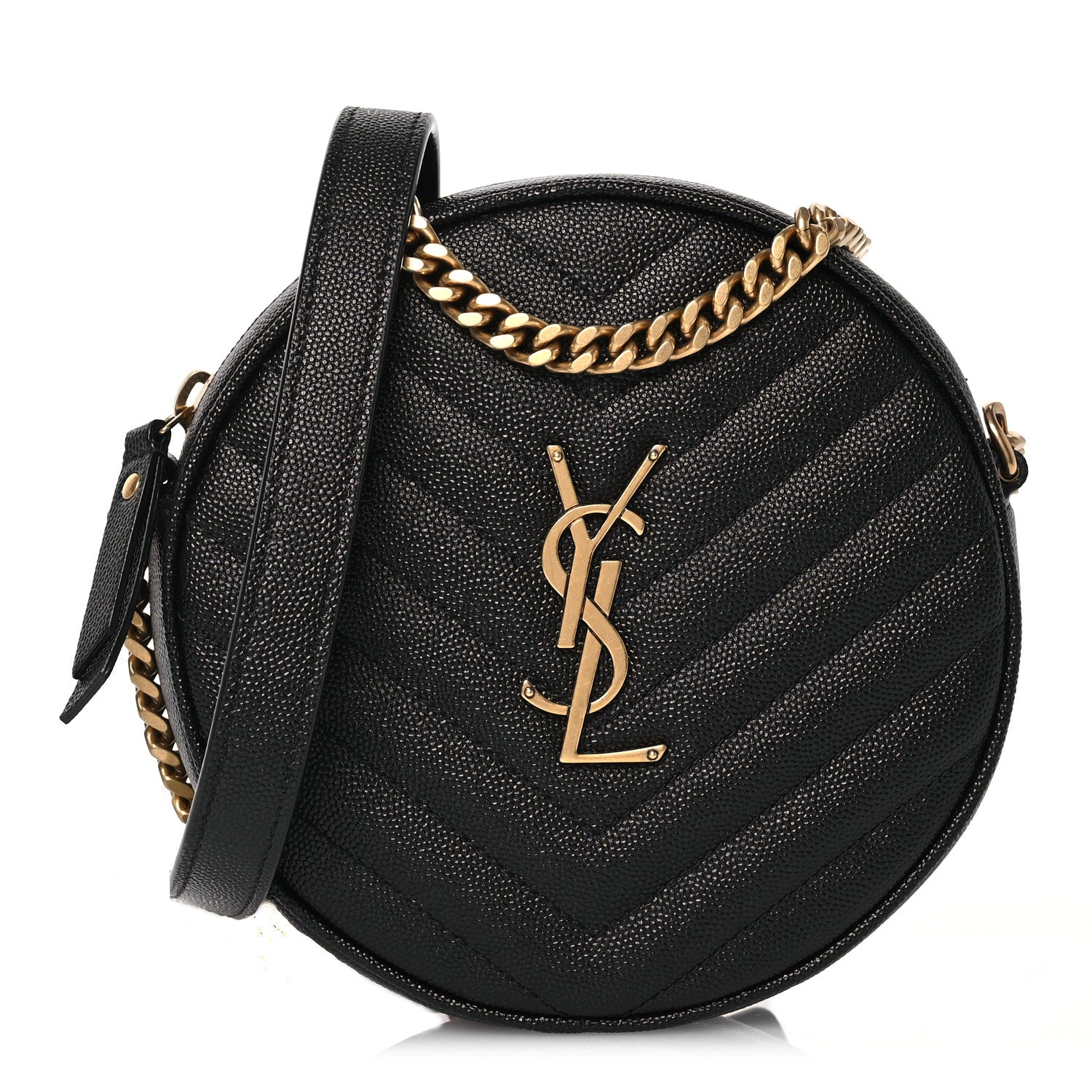 Saint Laurent Grain De Poudre Matelasse Chevron Quilted Round Vinyle Camera Bag Black