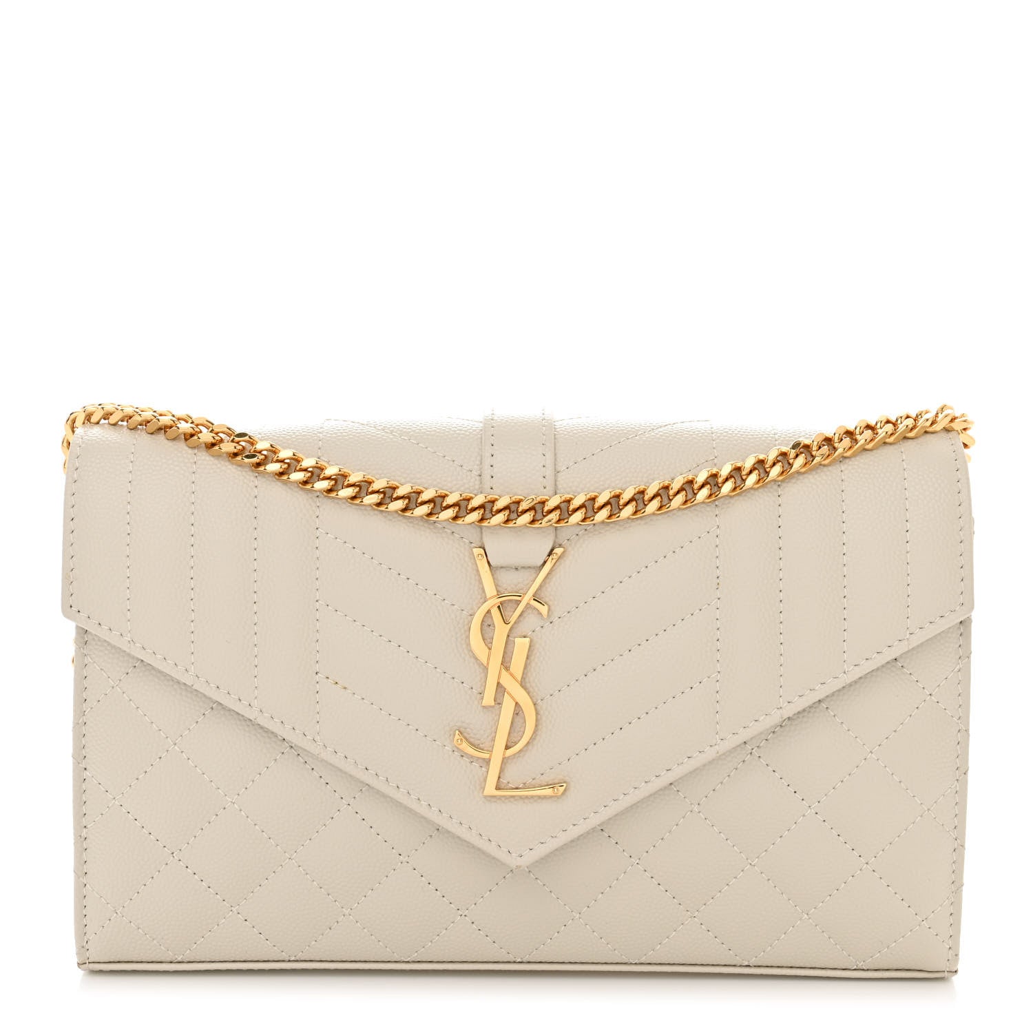 Saint Laurent Grain De Poudre Mixed Matelasse Triquilt Monogram Chain Wallet Crema Soft