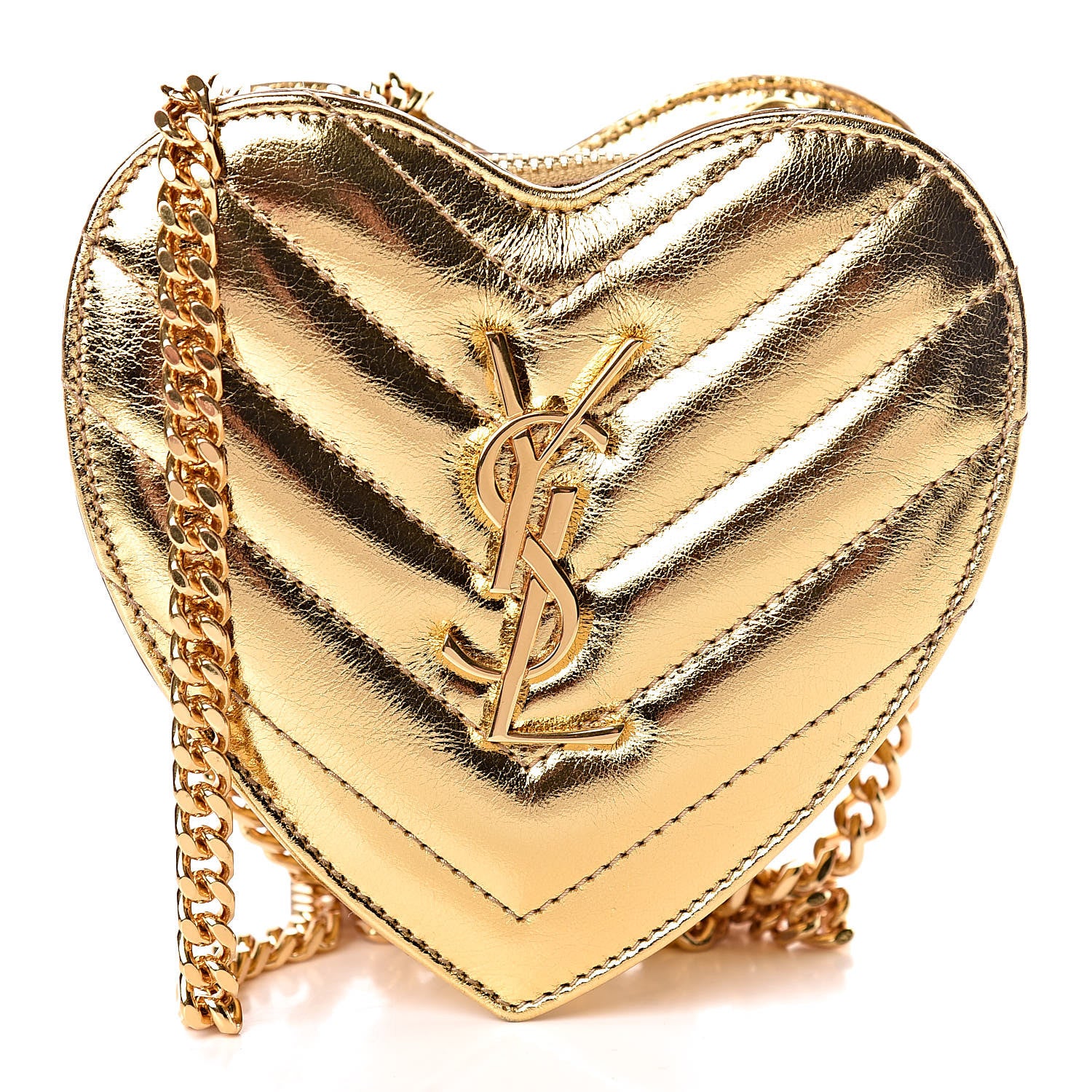 Saint Laurent Metallic Calfskin Matelasse Chevron Monogram Small Love Heart Chain Bag Gold