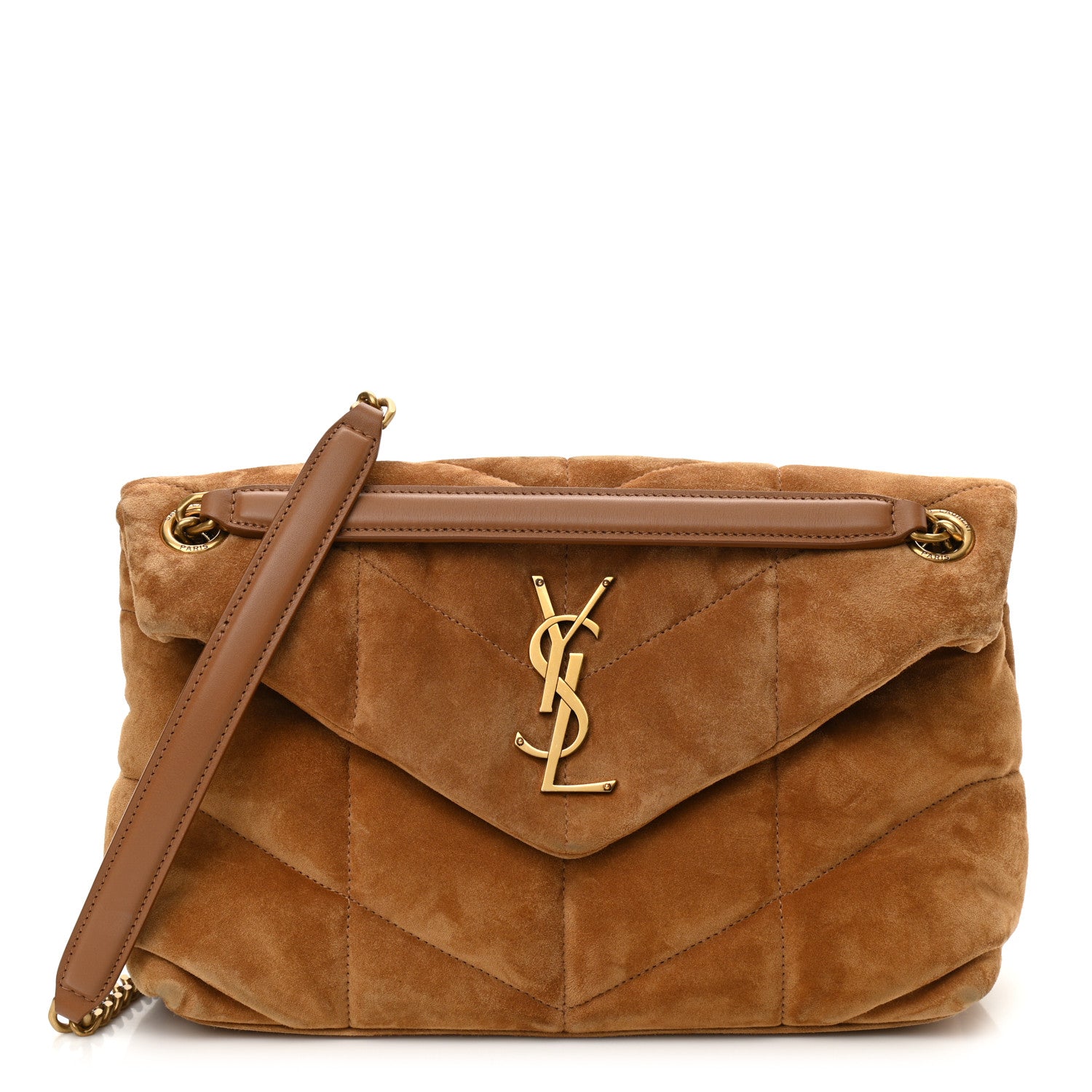 Saint Laurent Suede Calfskin Quilted Small Loulou Puffer Monogram Chain Satchel Cinnamon