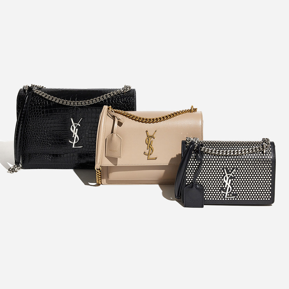 image of all three saint laurent sunset bag sizes side by side by FASHIONPHILE