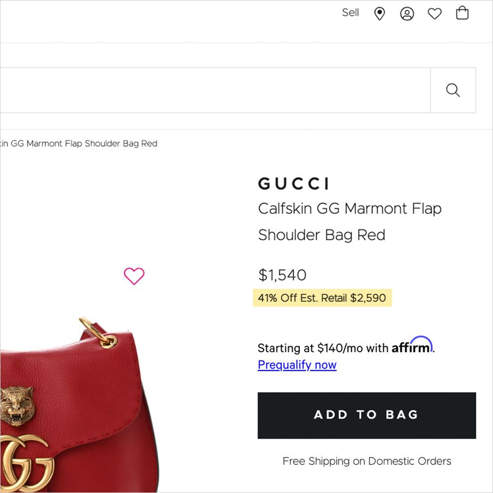 screen shot of fashionphile product landing page that shows gucci bag and estimated percent off retail price