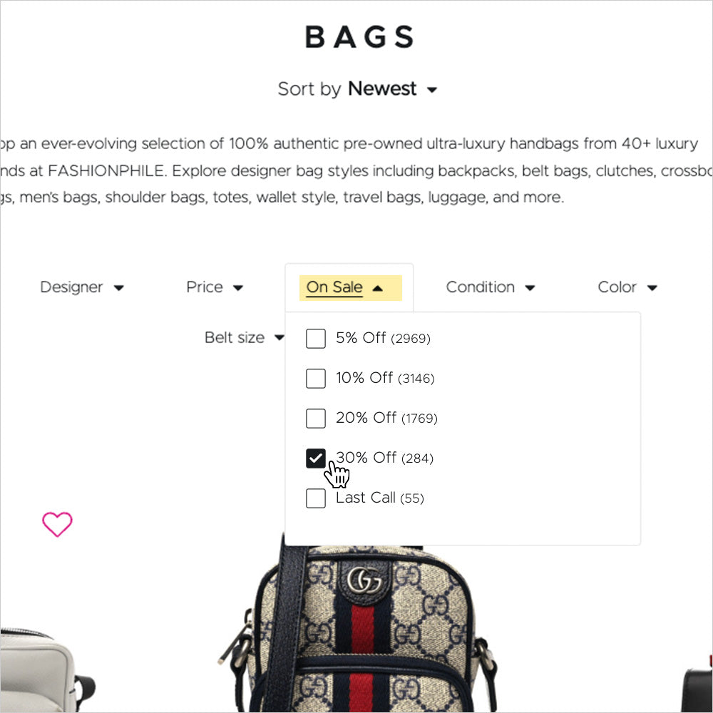 screen shot of fashionphile website showing how to filter by sale