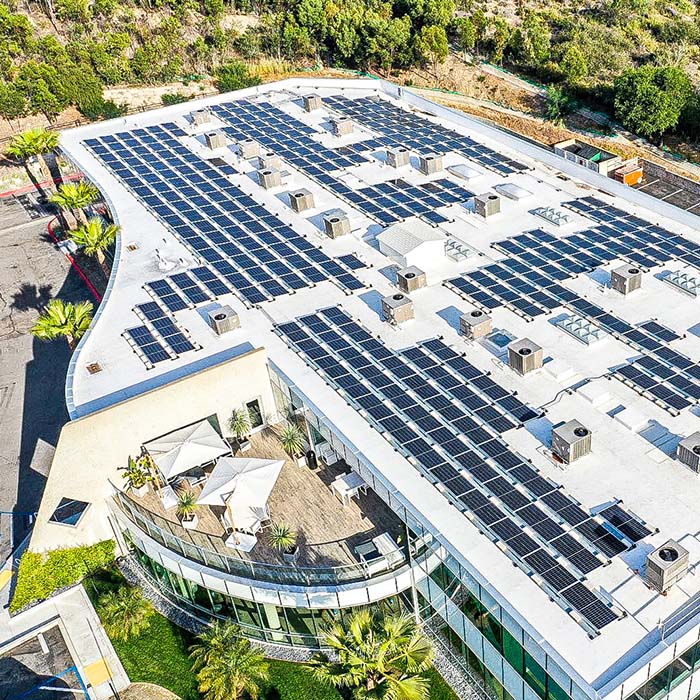 bird's eye view of FASHIONPHILE Solar panels at the Carlsbad Global Headquarters