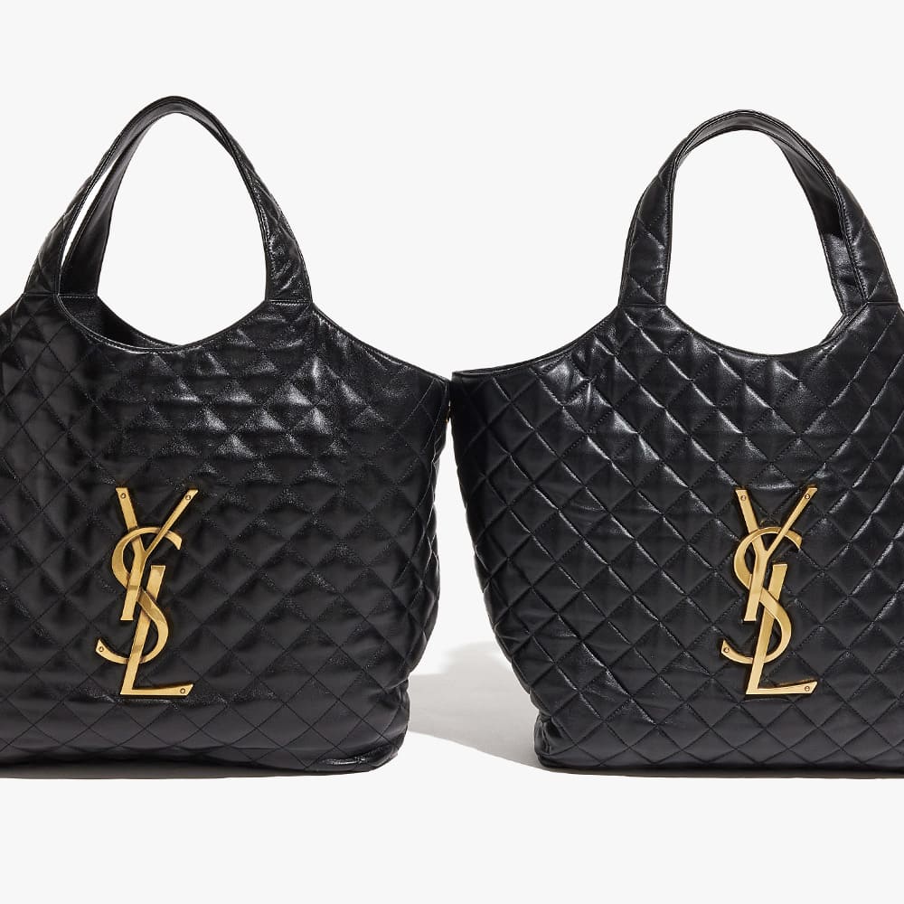 a real and fake saint laurent leather icare maxi shopping tote bag side by side from FASHIONPHILE