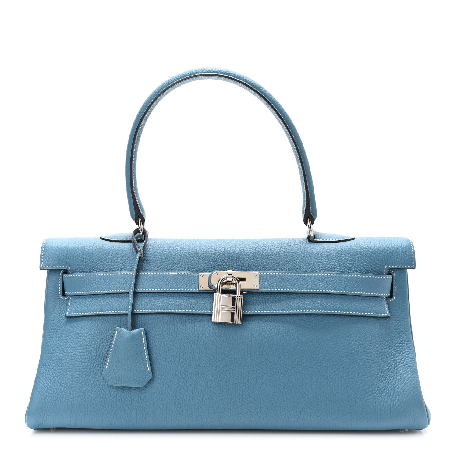 this is a studio image by FASHIONPHILE of a Blue Jean HERMES Togo Shoulder Kelly in size 40