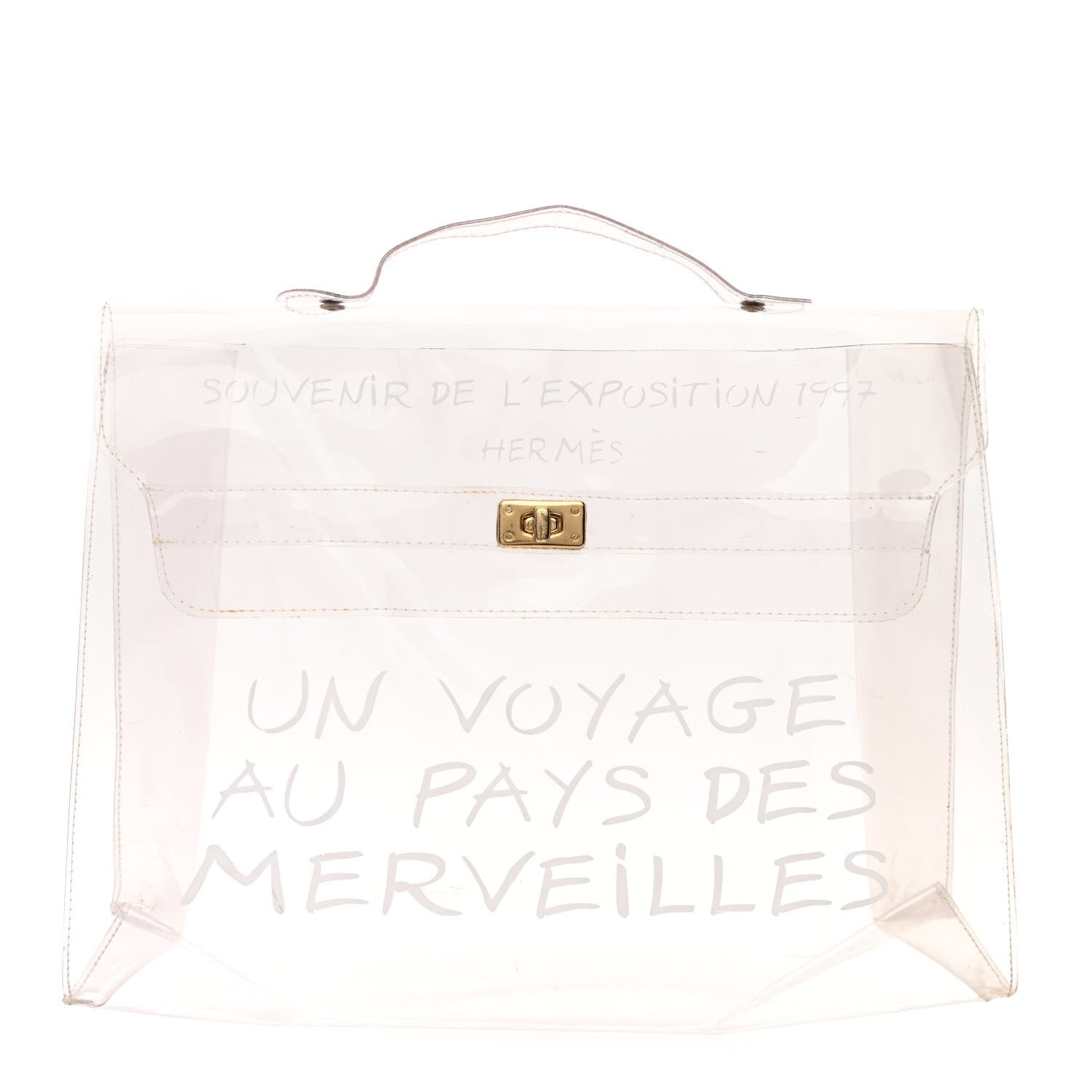 this is a studio image by FASHIONPHILE of an HERMES Vinyl Souvenir De L'Exposition Kelly in the color Transparent